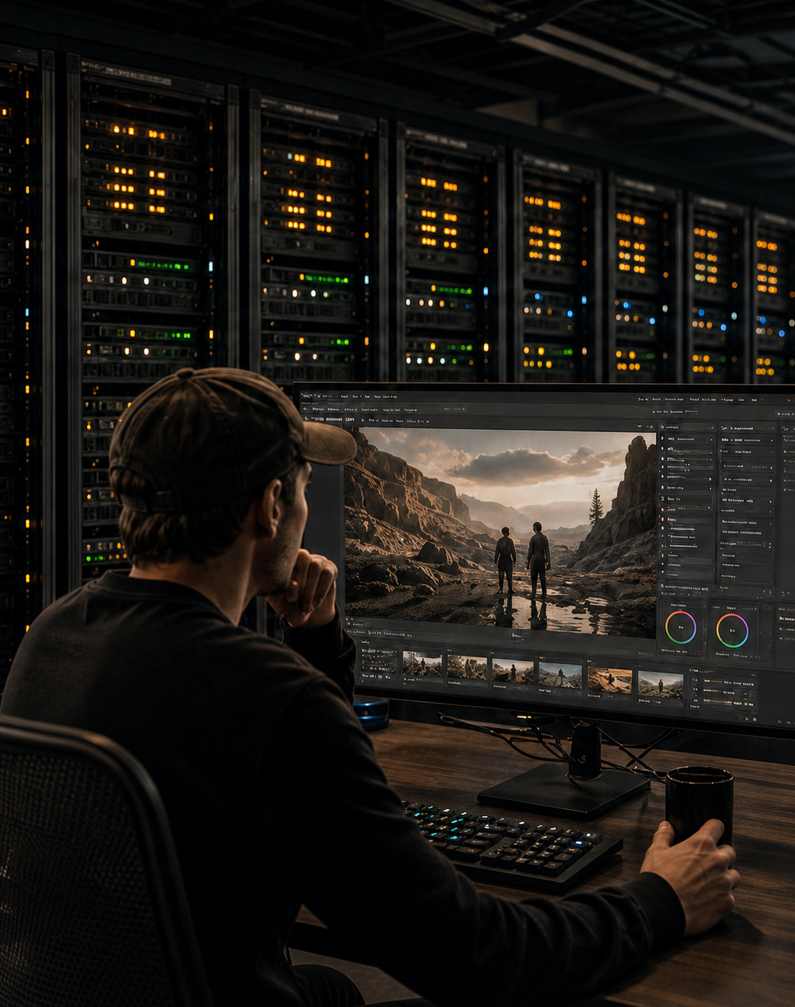 Artist reviewing imagery beside rows of render servers