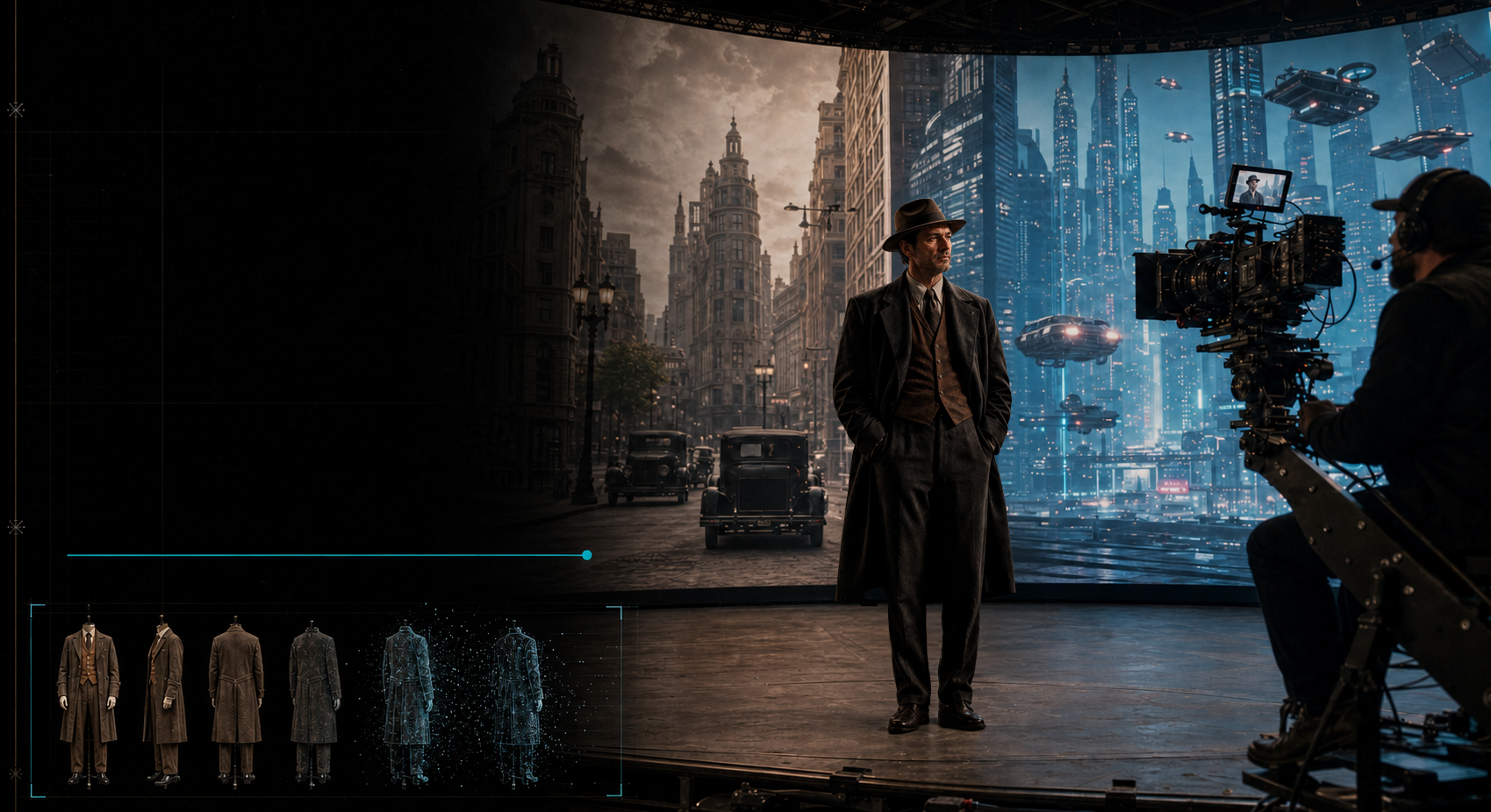 A real actor and cinema camera on an LED volume transitioning from a period city to a futuristic city, with wardrobe and volumetric clothing references